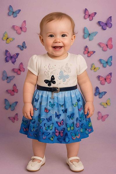 GAMZEAKKUŞ Butterfly Patterned, Belted Children's Dress
