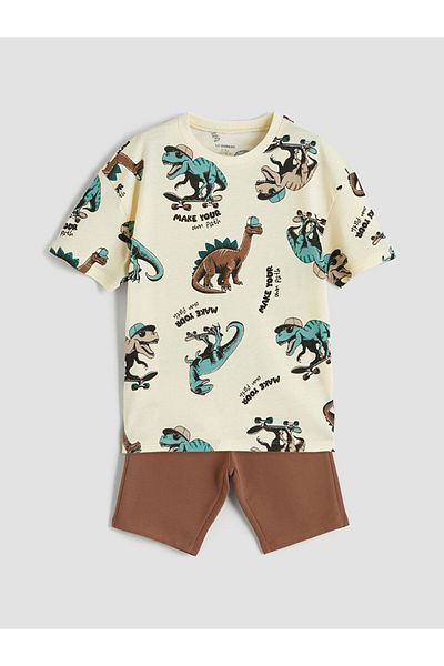 LC Waikiki Beige Dinosaur Printed Boys' T-Shirt and Shorts 2-Piece Set
