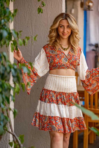 Miss Boheme Red Color Gold Detailed Silk Skirt Blouse Set