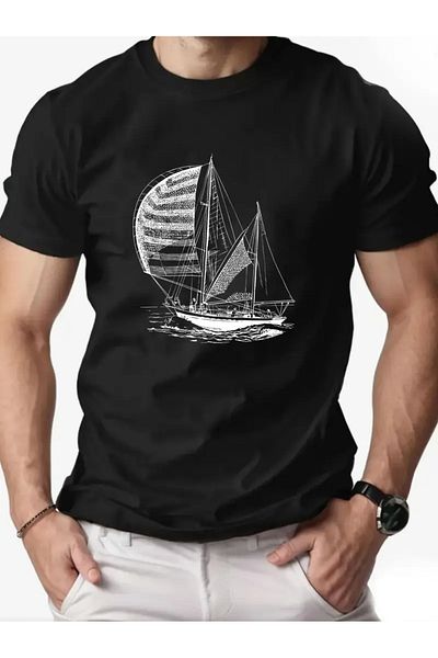AEMİ Unisex Sailing Ship Printed Oversize Crew Neck T-Shirt