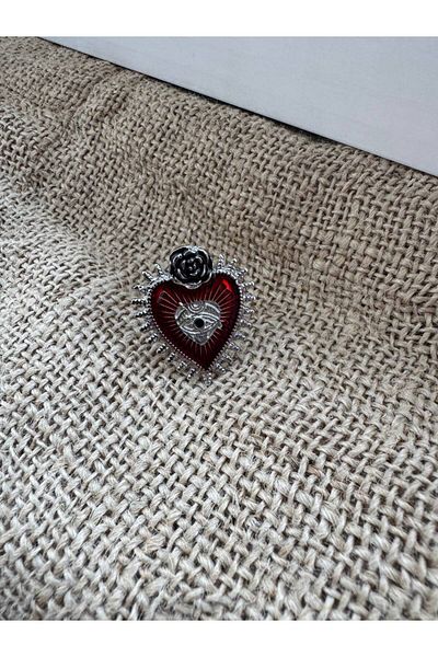 Herşey Nota Gothic Heart Figured Red Stone Rose Ring |   Zamak Plated Adjustable Women's Jewelry