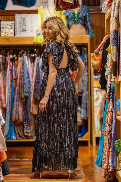 Miss Boheme Black Color Gold Detailed Backless Bohemian Dress