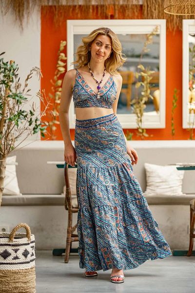 Miss Boheme Anthracite Color Gold Detailed Side Tie Silk Skirt Blouse Set