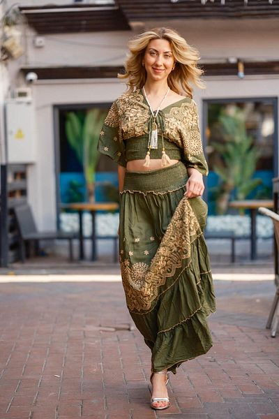Miss Boheme Khaki Color Embroidered Skirt Blouse Set