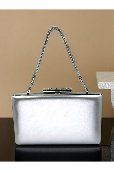 Biçanta Silver Gray Lame Color Matte Skin Leather Stone Handle Women's Evening Dress Bag Wedding Engagement Graduation
