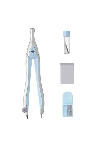 SyaMAG Geometry Compass Set, Metallic Silver Blue, Eraser, Spare Tip, Sharpener, 4 Pieces