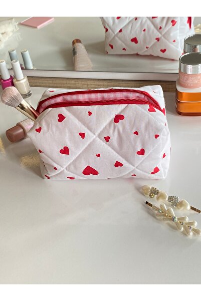 1çokşey Makeup Bag, Red Heart Detailed Makeup Bag