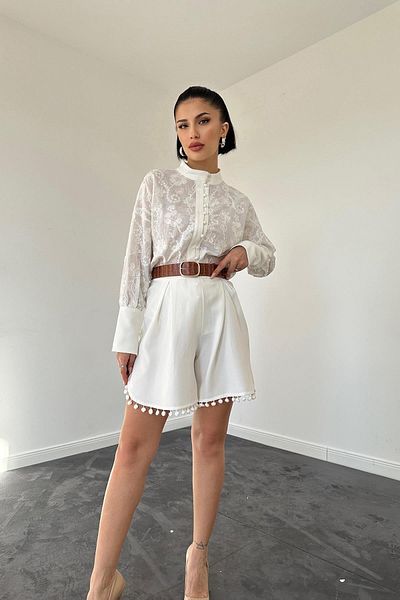 369 etnik butik Women's White Lace Detailed Transparent Shirt & High Waist Pompom Shorts Set