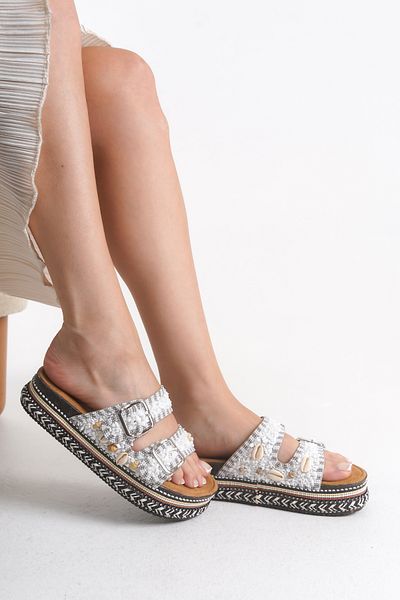 SEEM & BE Romy Seashell Beaded Women's White Slippers