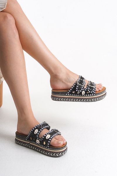 SEEM & BE Romy Seashell Beaded Women's Black Slippers