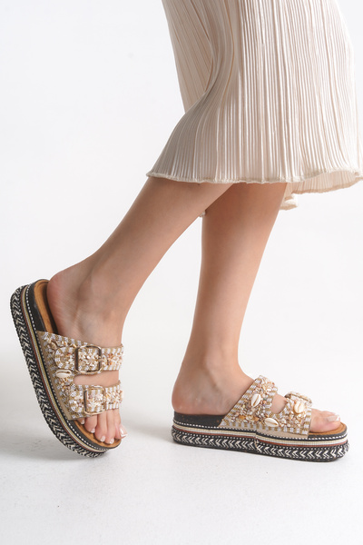 SEEM & BE Romy Seashell Beaded Women's Beige Slippers