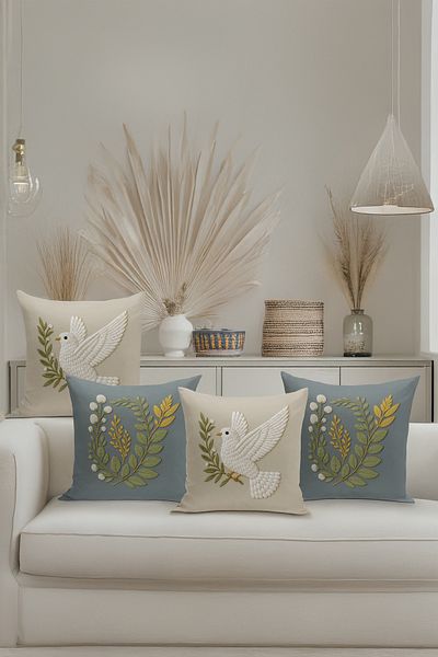 Bertille Home Set de 4 huse de pernă cu imprimare digitală dublă (aspect de broderie cu model de puncție)