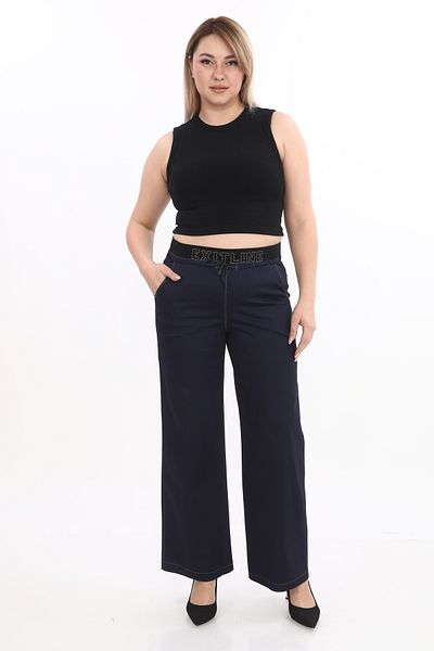 EXİTLİNE Women's Special Denim Fabric Summer Navy Blue Trousers with Rubber Belt