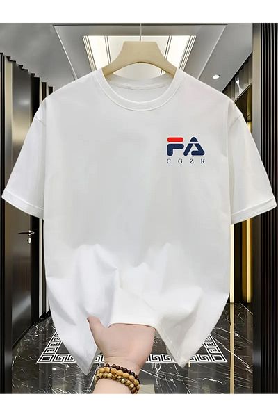 Fa 2Men's 100% Pure Cotton FA Logo Print T-Shirt, Breathable Crew Neck, 200g Cotton Fabric, Over Size