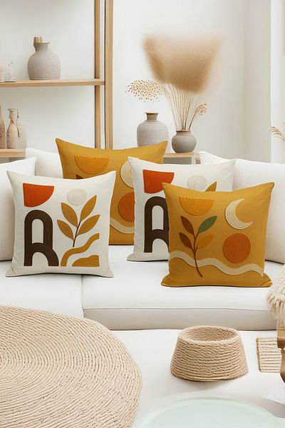 Bertille Home Set de 4 huse de pernă cu imprimare digitală dublă (aspect de broderie cu model de puncție)