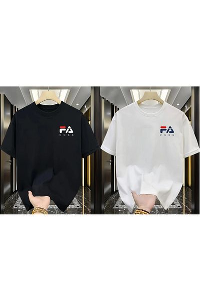Fa 2Men's 100% Pure Cotton FA Logo Print T-Shirt, Breathable Crew Neck, 200g Cotton Fabric, Over Size