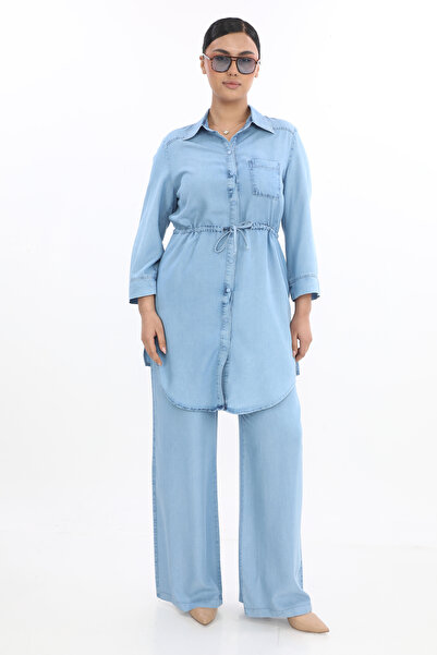 EXİTLİNE سترة نسائية صيفية طويلة مزدوجة باللون الأزرق الجليدي