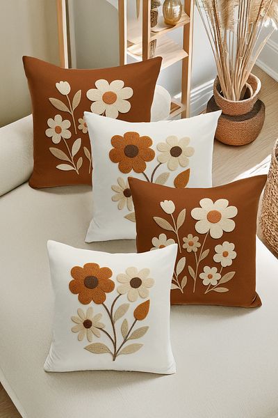 Bertille Home Set de 4 huse de pernă cu imprimare digitală dublă (aspect de broderie cu model de puncție)
