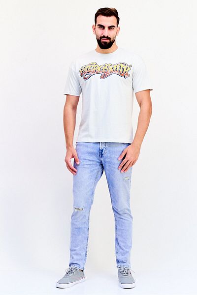 Aerosmith Men Crew Neck Short Sleeves Graphic Print T-Shirt, Light Grey