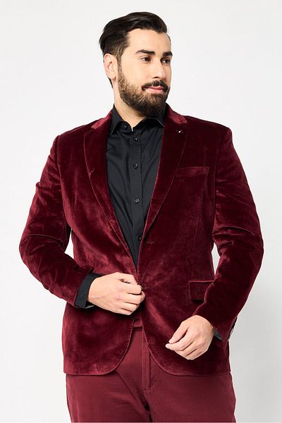 Tommy Hilfiger Men Tailored Fit Brand Logo Velvet Formal Blazer, Maroon