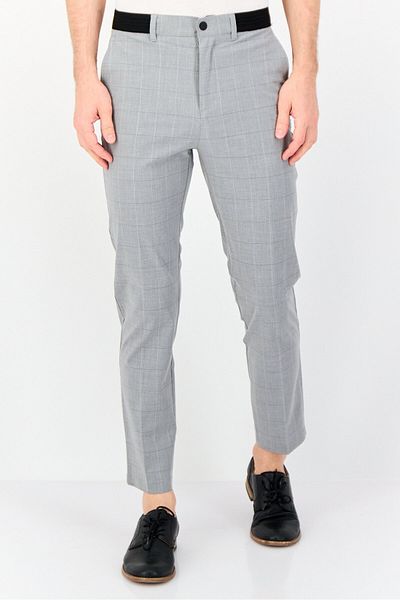 CELIO Men Regular Fit Checkered Stretchable Dress Pants, Grey