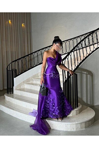 ALANOOD FASHION فستان سهرة موف كلفة ورود مطرز يدوي بخامة ميكادو عالية الجودة