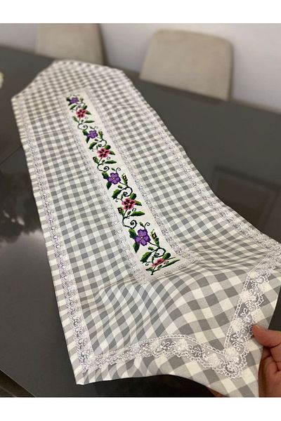 Parla Life Gray Gingham Cross Stitch Model Runner (Cross Stitch Models Vary/Made to Measure and Color)