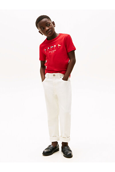 Tommy Hilfiger Boys Primary Red Multi-Flag Embroidery Crew Neck T-Shirt