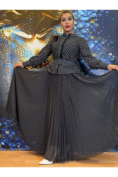 Yeşilmoda Suit,Shirt and Skirt,Hand Embroidered,Pleated, Lined,High Quality,Silk Crepe,With Belt,Evening Dress,Patterned