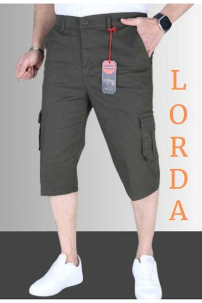 LORDA GİYİM Ανδρικό χακί Slim Fit Capri Lycra Gabardine/καμβάς Cargo Bermudas με τσέπες Dad-νεαρός