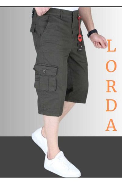 LORDA GİYİM Ανδρικό χακί Slim Fit Capri Lycra Gabardine/καμβάς Cargo Bermudas με τσέπες Dad-νεαρός