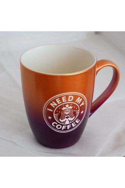 PUFO Need Coffee ceramic mug, for tea, coffee, juice, 360 ml, yellow/purple