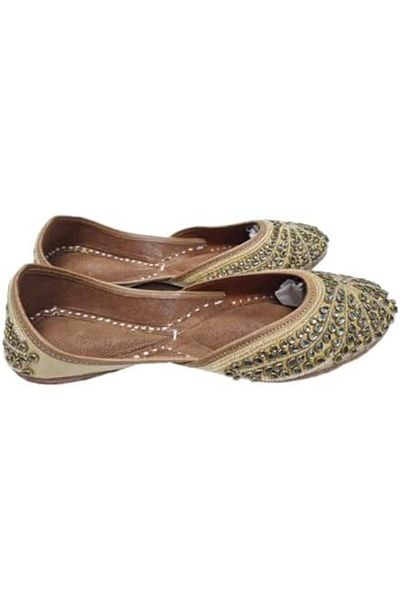 Generic Women's Traditional Punjabi Jutti, Wedding Mojari Flats, Gold Crystal Embellished, Brown