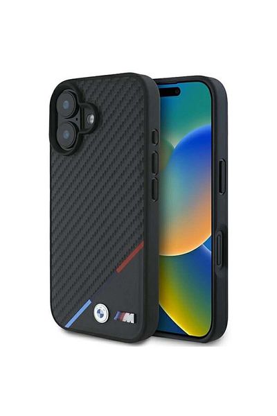 BMW Case for iPhone 16 Plus - BMW Leather Carbon Tricolor Line MagSafe (BMHMP16M23PUDTK) - Black