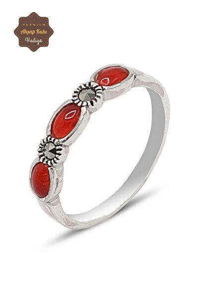 Midyat Nurtaş Gümüş Akik Taşlı Üç Taş Model 925 Ayar Gümüş Markazit Kadın Yüzük 201024222