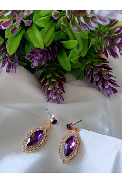 Pervin Ablacım Handmade Purple Stone Gold Dangle Shuttle Earrings Steel