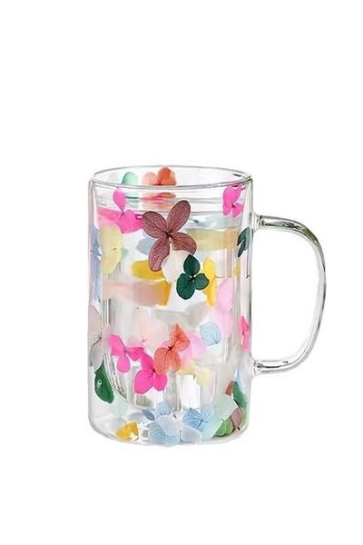 Bien Servi Decorated Flower Filling Elegant Design Double Wall Glass Coffee Mug Clear 250ml