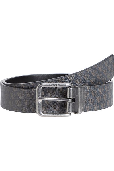 Calvin Klein Men Black & Gray Pinstripe Aop Casual Pin Buckle Fixed Belt