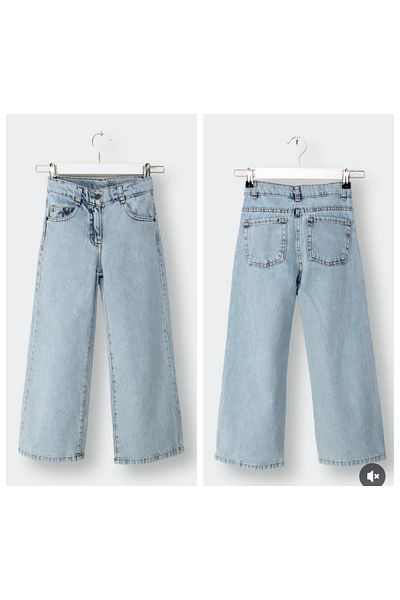 Dmb Girl's Adjustable Elastic Waist Multi-Pocket Ice Blue Wide Leg Jeans