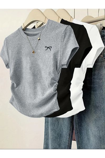 PENTHİLUS 3-piece women's casual slim fit t-shirts for 1200 tl - bow print and pleat details