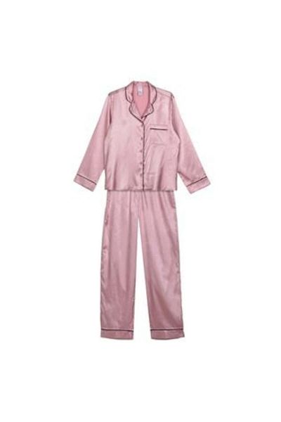 OEM Pink Satin Winter Pajama Set with Black Details for Women