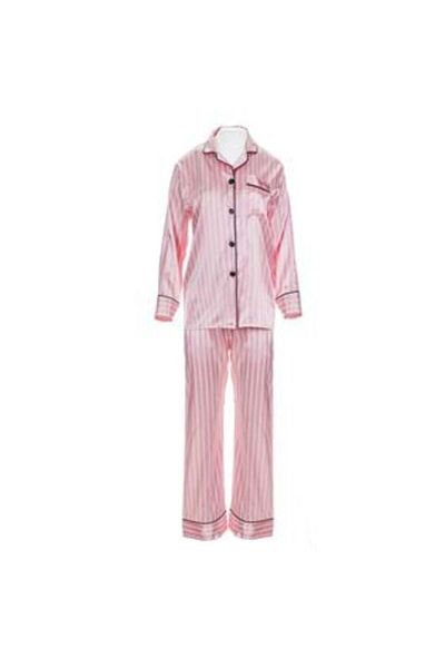 OEM Pink Satin Winter Pajama Set with White Stripes & Black Details for Women