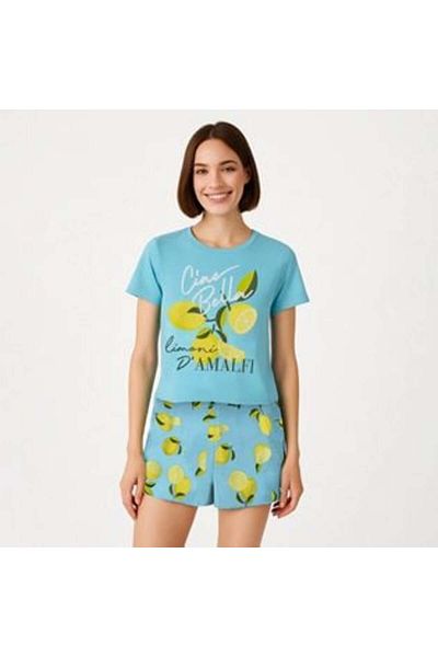 OEM Set Pijama din Bumbac Bleu cu Model Lamai & Maneci Scurte pentru Femei