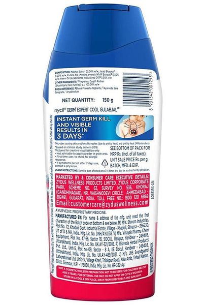 NYCIL Zydus Cool Gulabjal Prickly Heat Powder - 187.5 grams - Pack of 5