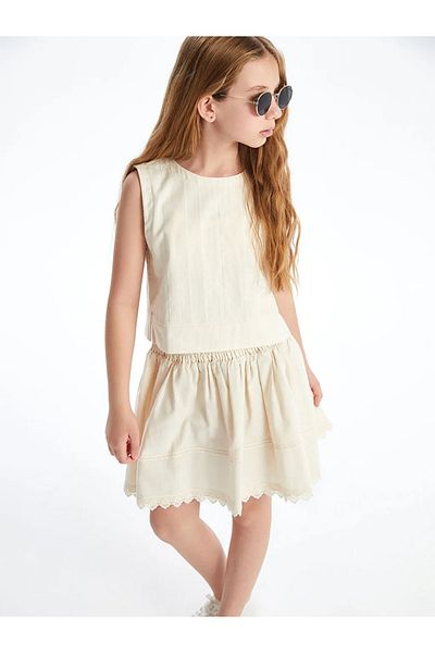 LC Waikiki Lcw Kids Beige Elastic Waist Linen Blend Girl's Skirt