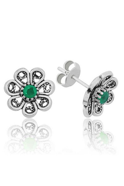 norsary Silver Green Filigree Flower Stud Earrings