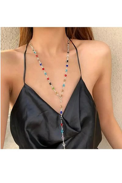 stainless steell Colorful Paris World Y Shaped Stylish Women's Necklace (Stainless Steel Silver Color Chain)