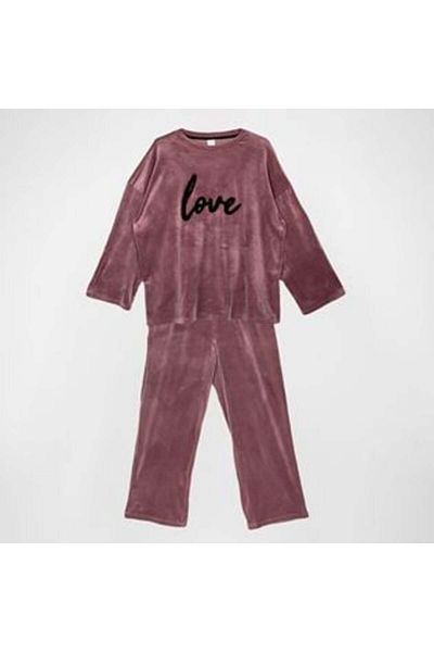 OEM Set Velvet Winter Pajamas Burgundy Nude 'Love' for Women
