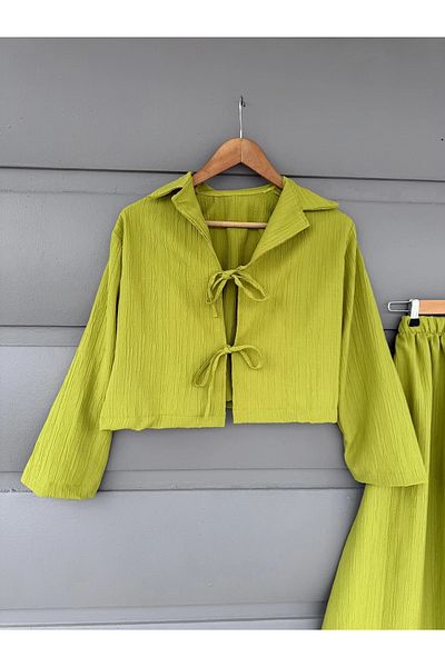 fh fashionhere Women's Relaxed Cut Fat Green Kimono Two-Tie Seersucker Skirted Hijab/Daily Suit