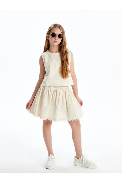 LC Waikiki Lcw Kids Beige Elastic Waist Linen Blend Girl's Skirt